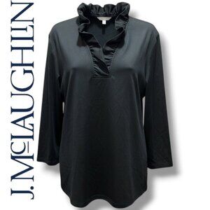 J. Mclaughlin Durham 3/4 Sleeve Black Ruffle Collar Top Black | Size L